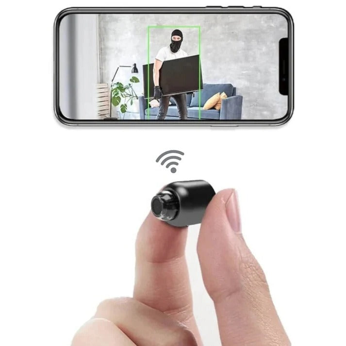 Compacte draadloze WiFi beveiligingscamera met HD nachtzicht voor huisbeveiliging en monitoring.
