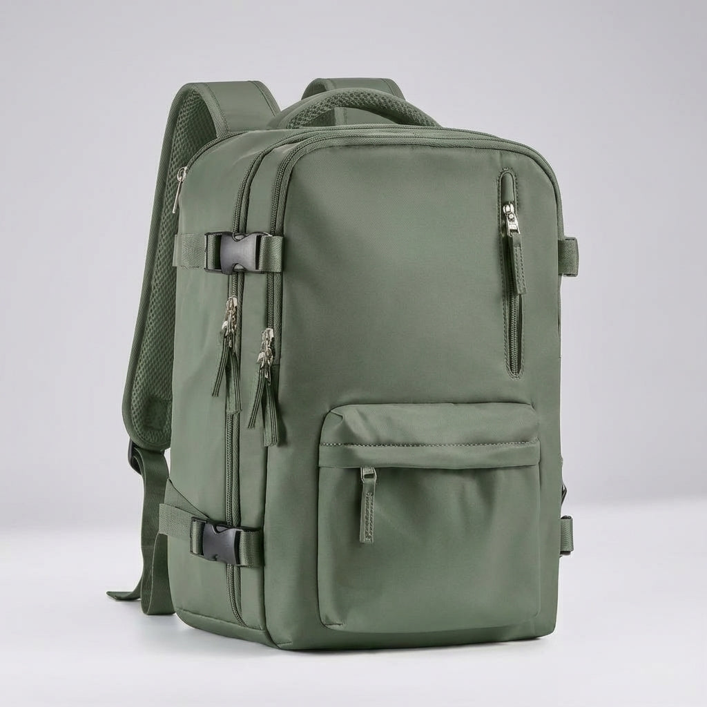 Compacte FlightTrek handbagage rugzak, voldoet aan cabineafmetingen voor vliegreizen.