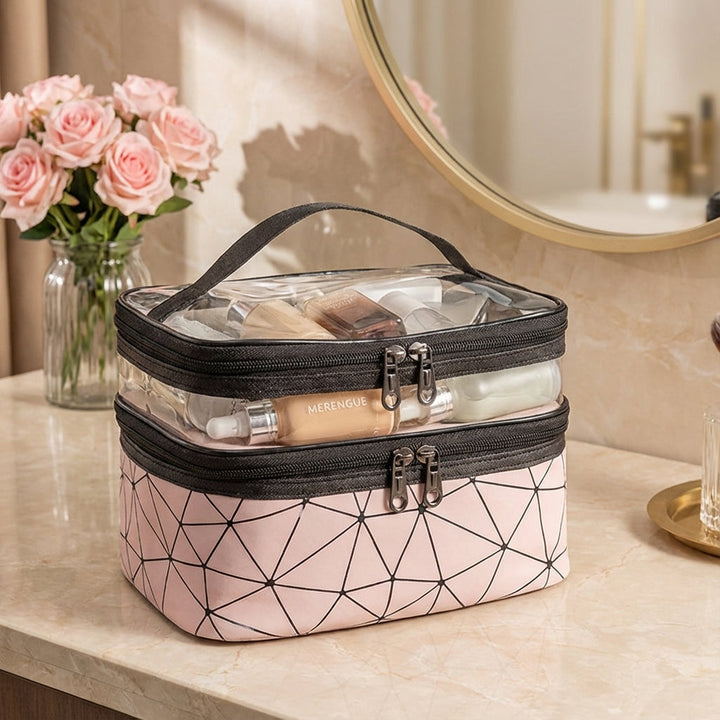 Compacte groene dames reistoilettas ClearVogue, stijlvol en waterdicht voor make-up en cosmetica op reis.