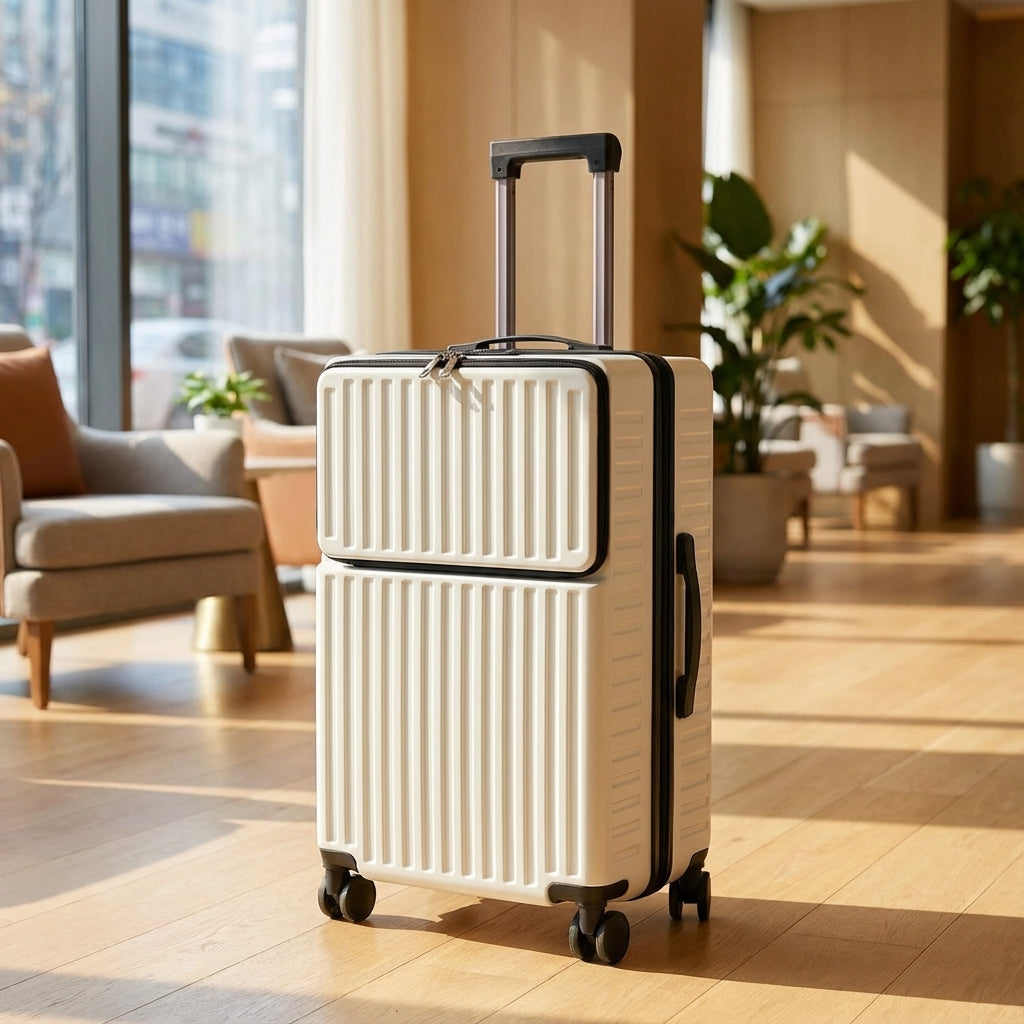 Compacte handbagage spinner koffer met handig laptopvak voor zakelijke reizigers.