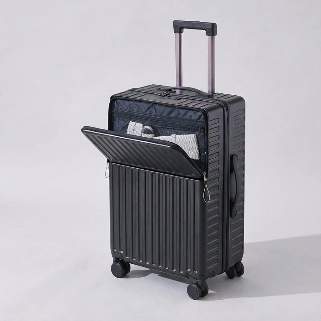 Stijlvolle compacte handbagage koffer, spinner trolley met laptop voorvak voor zakelijk gebruik.