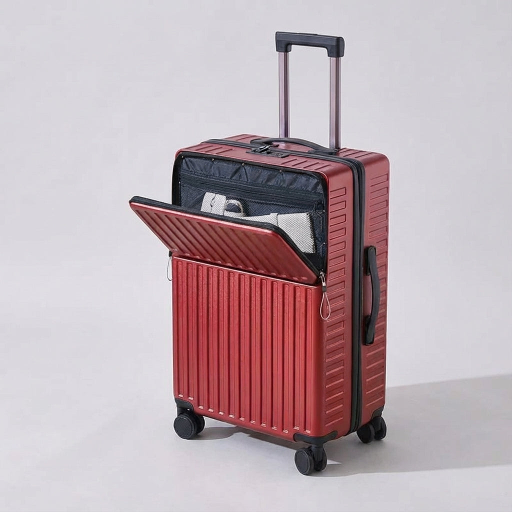 Duurzame handbagage spinner koffer met geïntegreerd laptopvak, ideaal voor frequente reizigers.