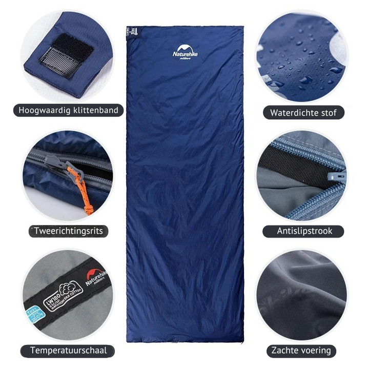 Warme, ademende unisex slaapzak voor comfortabel kamperen. Compact design, perfect voor koude outdoor nachten.