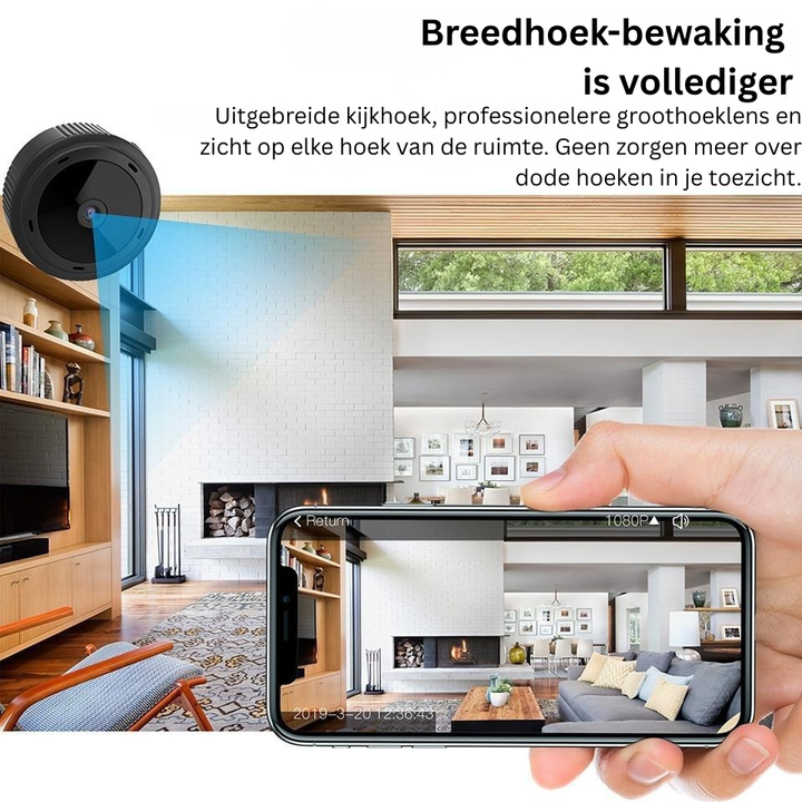 Mini WiFi babyfoon camera met 1080P HD en panoramisch zicht, ideaal voor babykamer bewaking en nachtzicht.