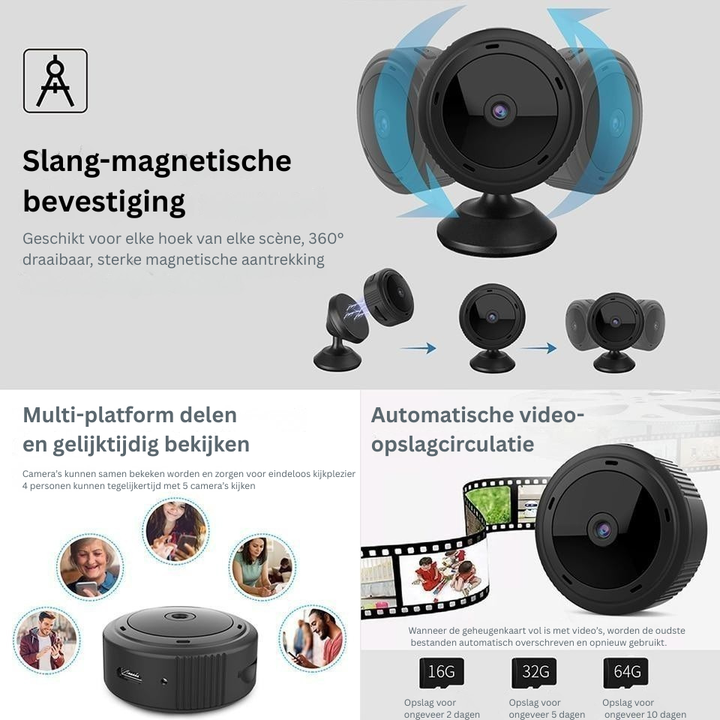 Draadloze compacte mini beveiligingscamera met WiFi, IR nachtzicht en HD 1080p voor discrete binnenhuis bewaking.