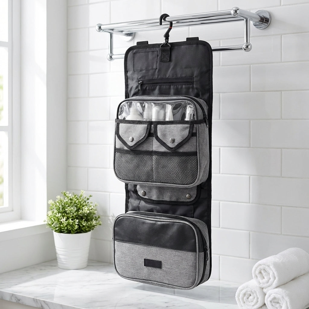Compacte opvouwbare toilettas van ToiletryMate, ideaal als reisorganizer voor ruimtebesparing.