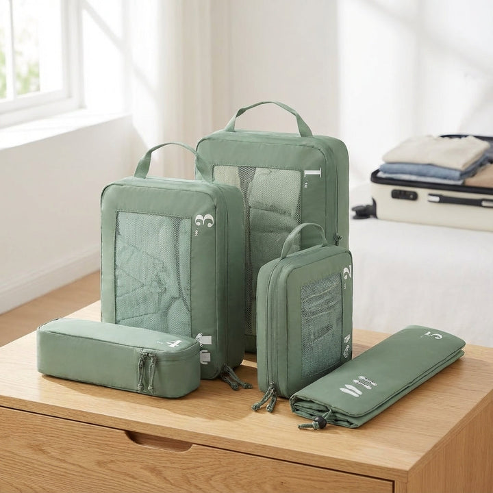 Compacte OrgaSwift reisetui set met compressie voor geordende koffer. Perfect voor reizen en vakantie.