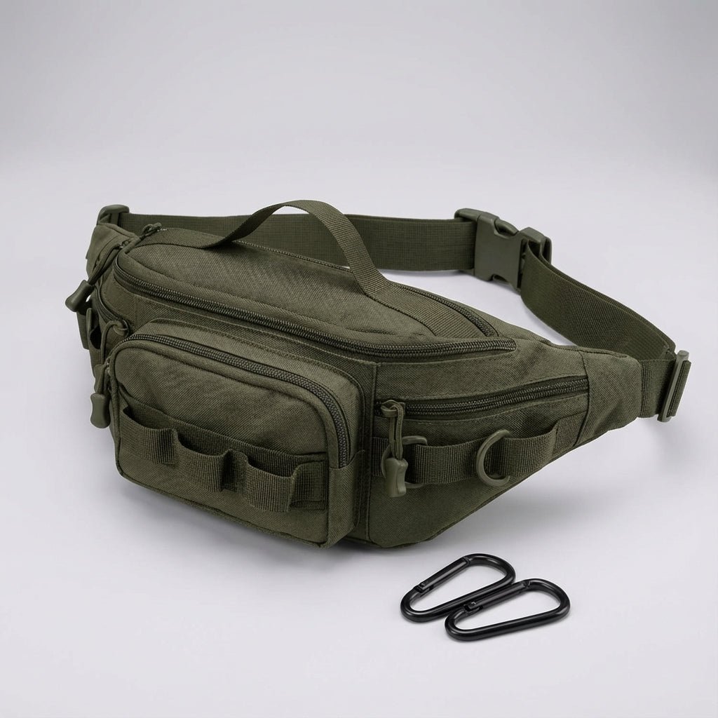 Compacte tactische heuptas (RangerPack) getoond met open vakken, benadrukt organizer en opbergmogelijkheden.