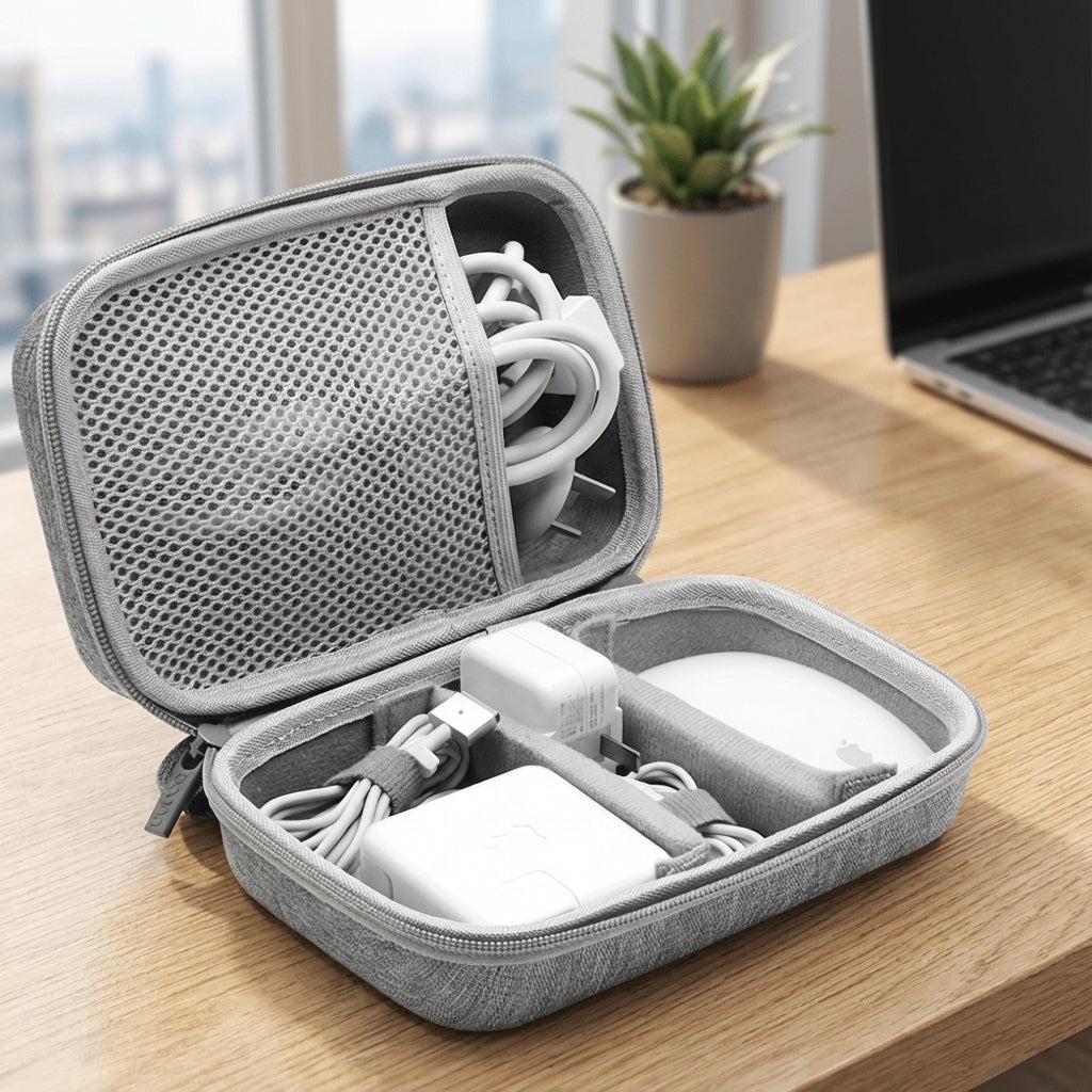 Compacte Travellox reis organizer voor elektronica, kabels en opladers, netjes opgeborgen in je reistas.