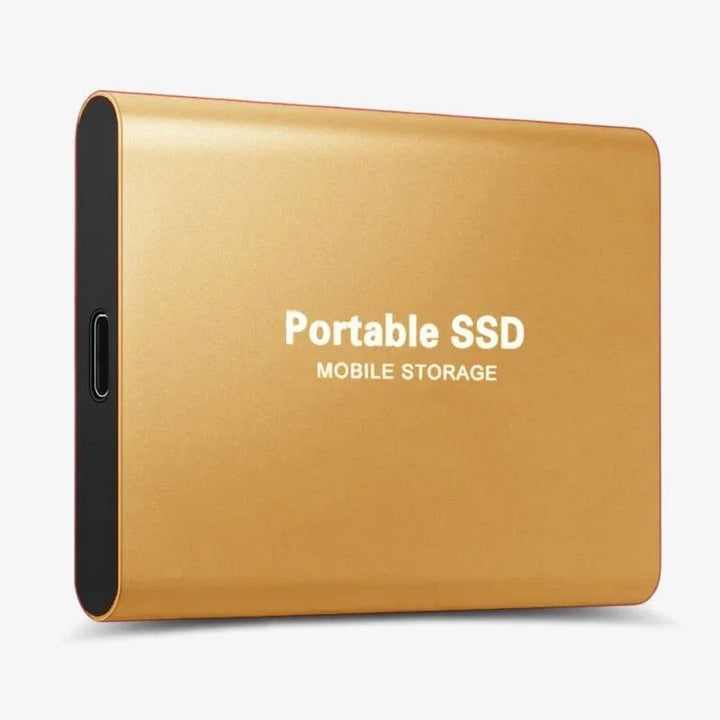 "Compacte UltraDrive externe SSD met 16TB opslag, zilveren behuizing, USB-C compatibel, draagbaar en schokbestendig."