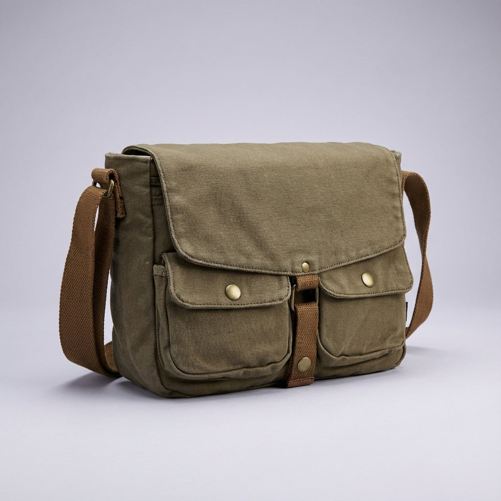 Close-up van de duurzame canvas stof van de Carryforge vintage crossbody tas, met fijne textuur.