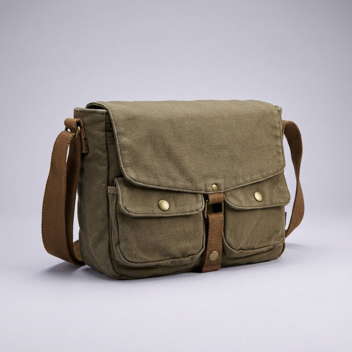 Close-up van de duurzame canvas stof van de Carryforge vintage crossbody tas, met fijne textuur.