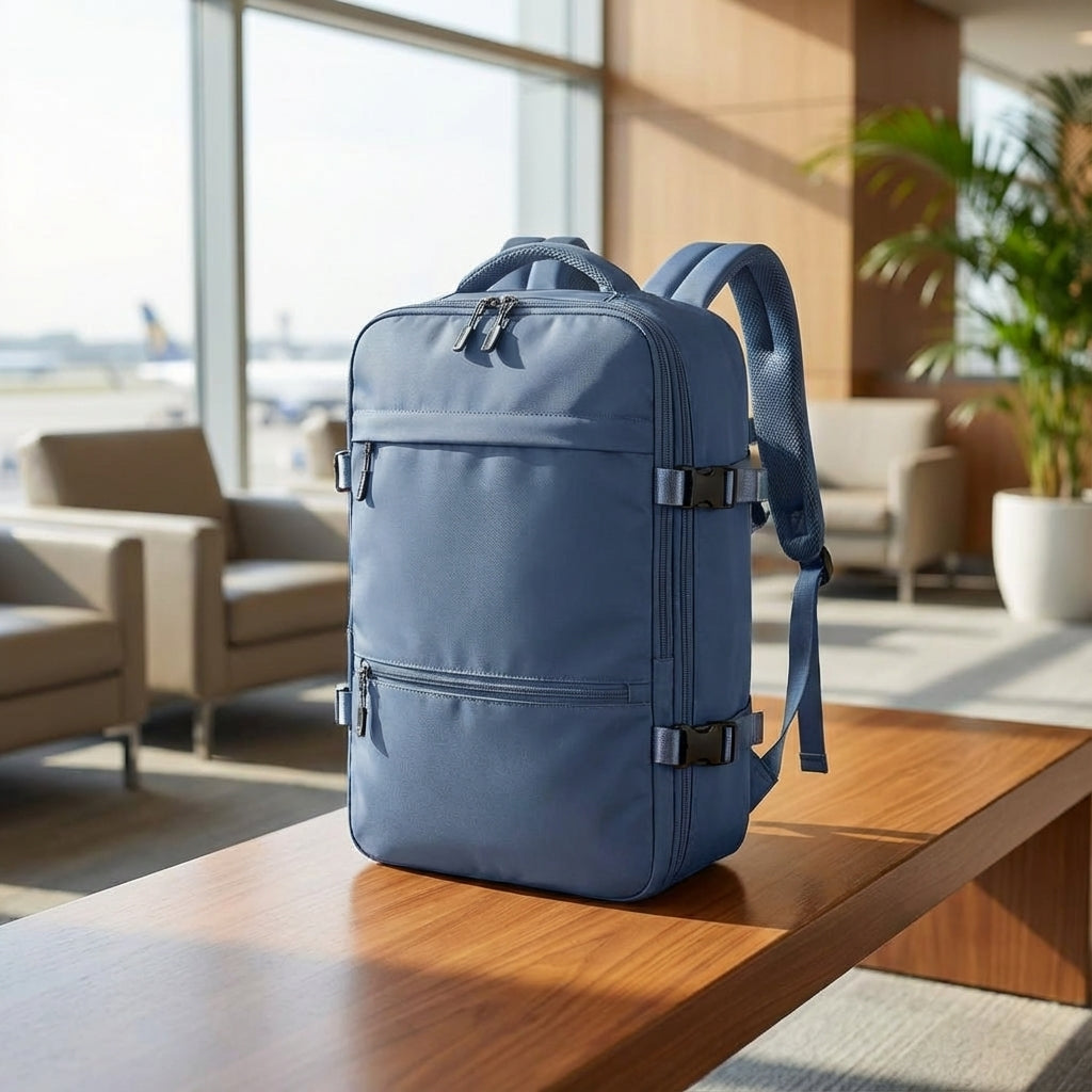 Compacte waterbestendige reisrugzak (SkyGuardBag) voor handbagage, ideaal voor veilige reizen.
