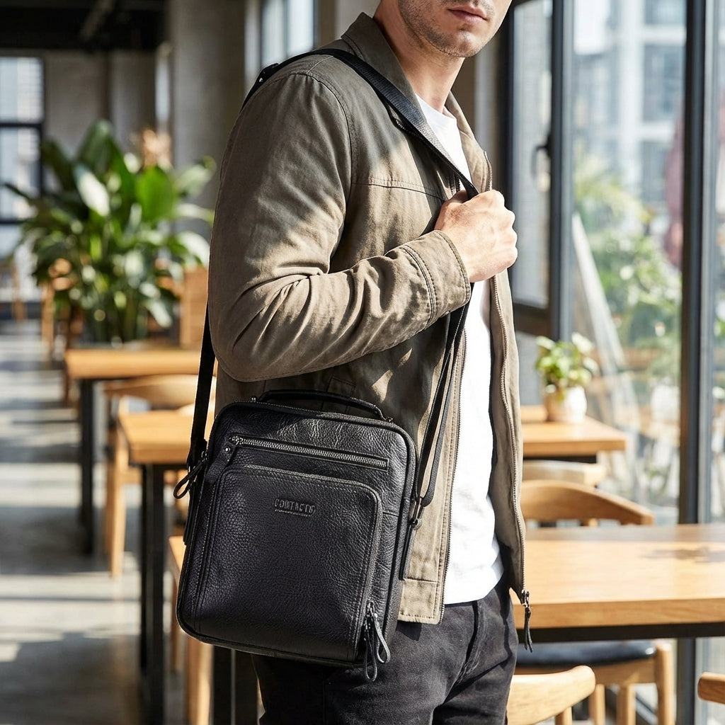 Compacte zwarte leren messenger tas EnduraBag voor dames en heren, ideaal voor dagelijks gebruik.