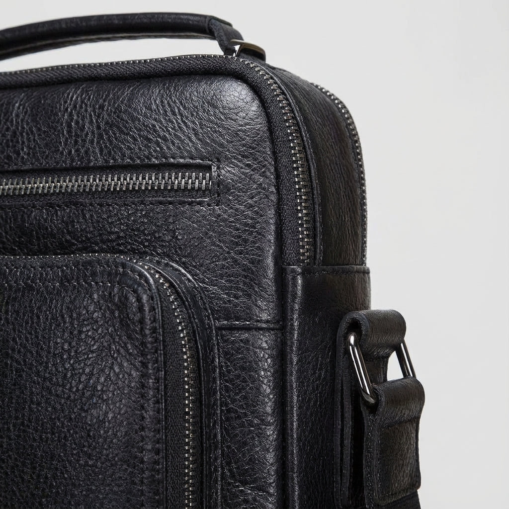 Zwarte leren messenger bag met praktische opbergvakken, een veelzijdige EnduraBag voor elk moment.