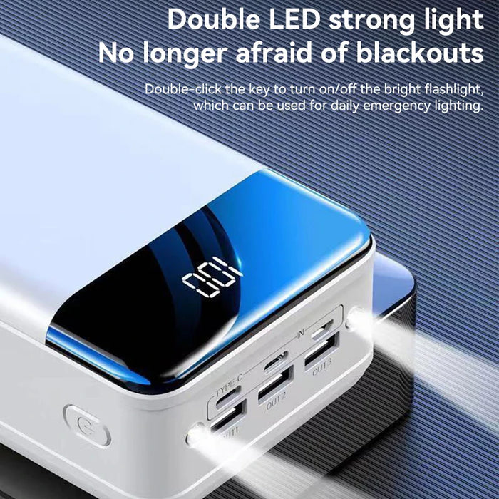 "Compacte, zwarte powerbank met 50000 mAh capaciteit, meerdere USB-poorten en LED-indicatoren, ideale draagbare oplader."