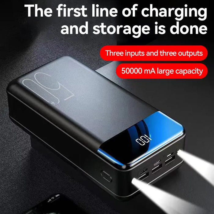 "Compacte, zwarte powerbank met 50000 mAh capaciteit, meerdere USB-poorten en LED-indicatoren, ideale draagbare oplader."