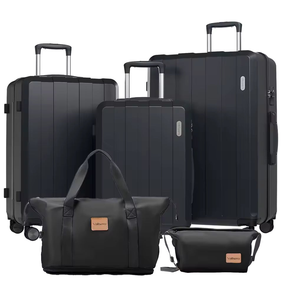 Ideale 5-in-1 hartschalen kofferset voor diverse reizen, van korte trip tot lange vakantie. Zwart/roze bagage.