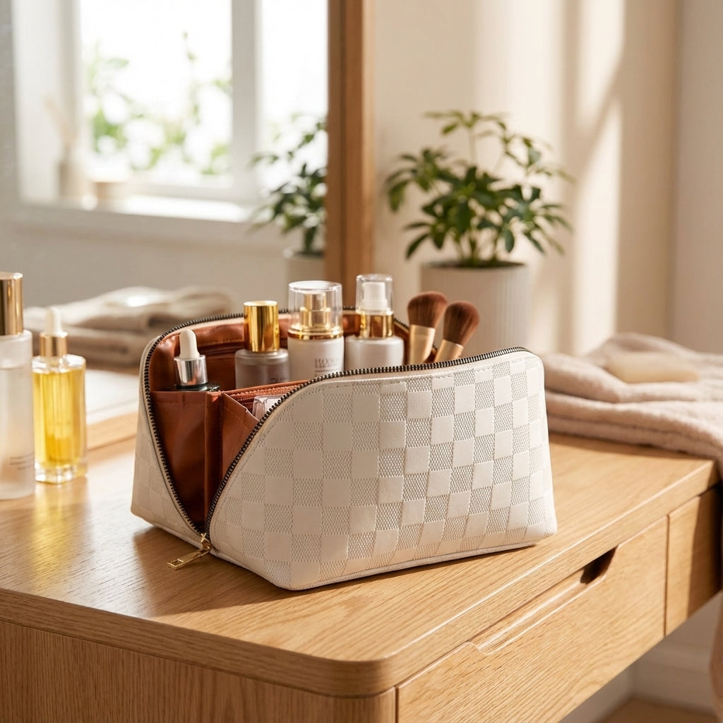 Crème dames make-up reistas van polyurethaanleer, waterafstotend en georganiseerd voor al je cosmetica.