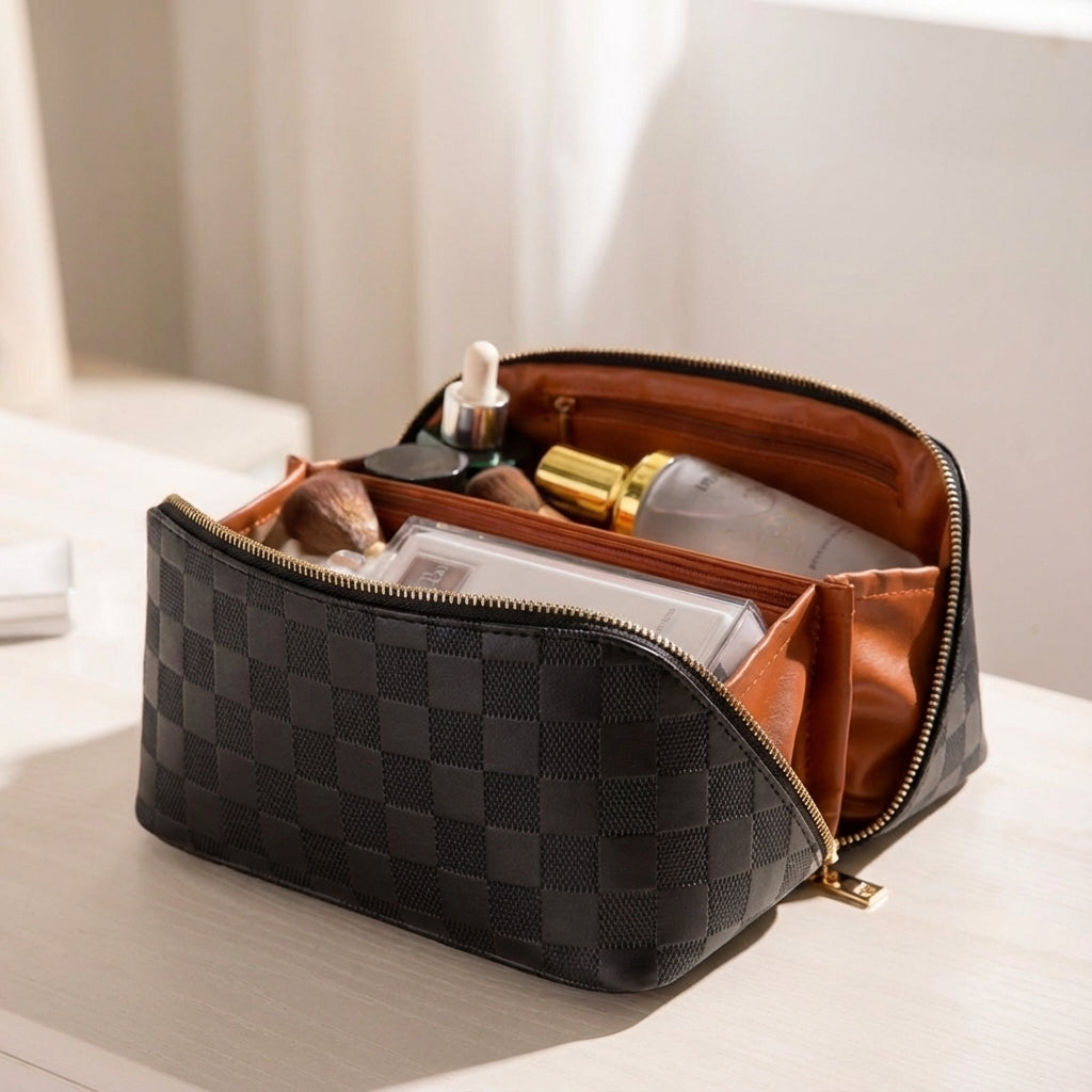 Stijlvolle zwarte make-up tas van duurzaam polyurethaanleer, waterafstotend en perfect als cosmetic organizer.