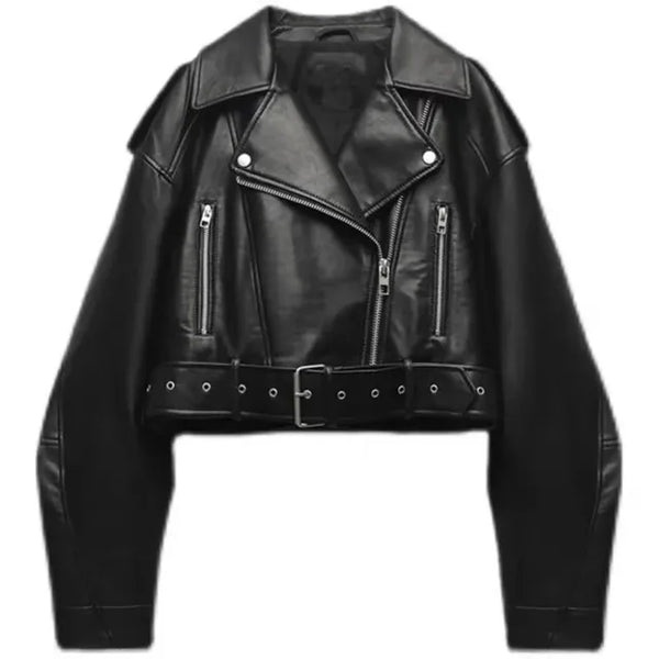 "Cropped leren damesjas met riem, zwart PU-kunstleer, trendy en duurzaam, stijlvolle uitstraling."