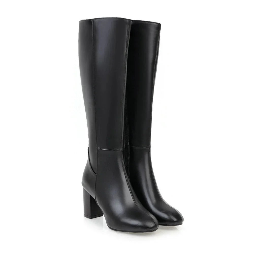 "Daisy dames kniehoge laarzen met hak, stijlvolle ritssluiting, zwarte elegante look voor dagelijks comfort en stabiliteit."