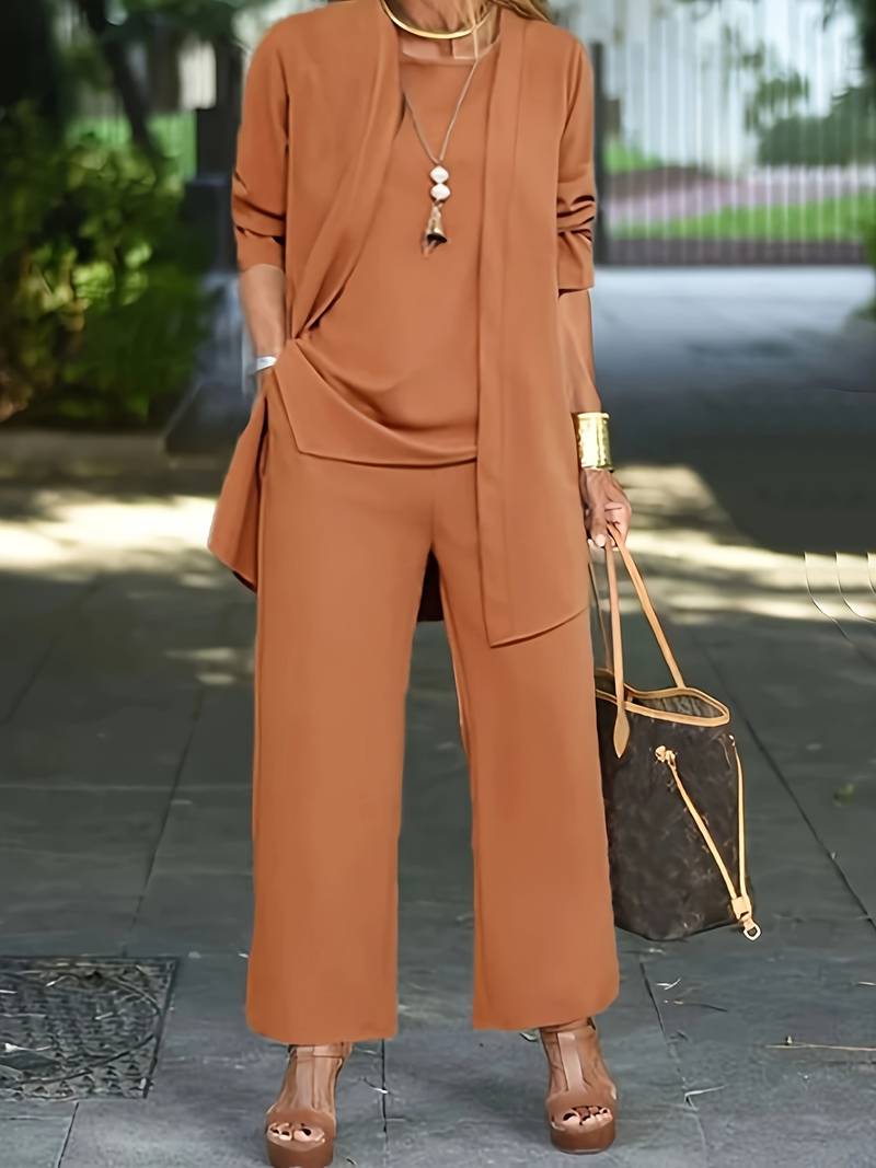 Dames 3-delige set: comfortabele cardigan, top en pantalon. Ideaal voor stijlvolle vrije tijd.
