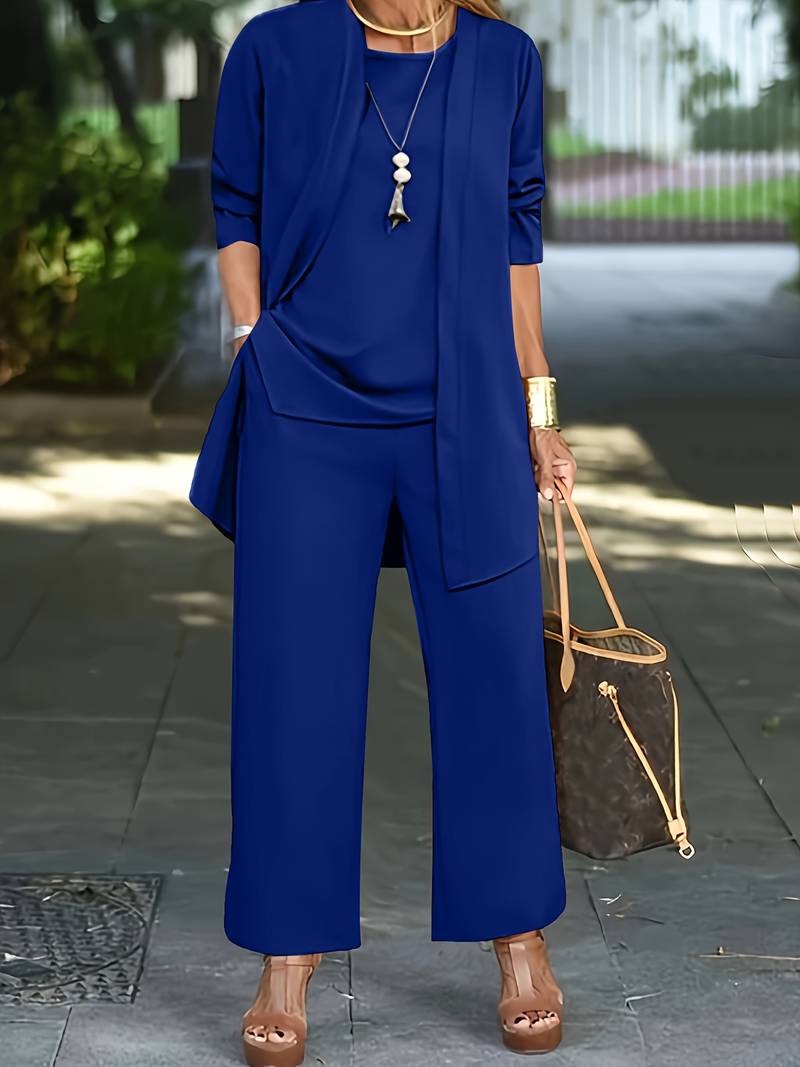 Elegante dames pantalon, perfect te combineren met bijpassende top en cardigan uit de 3-delige set.