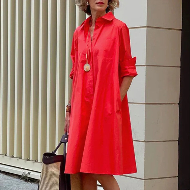 Midi A-lijn blousejurk voor dames; elegant, veelzijdig en ideaal als casual zomerjurk.