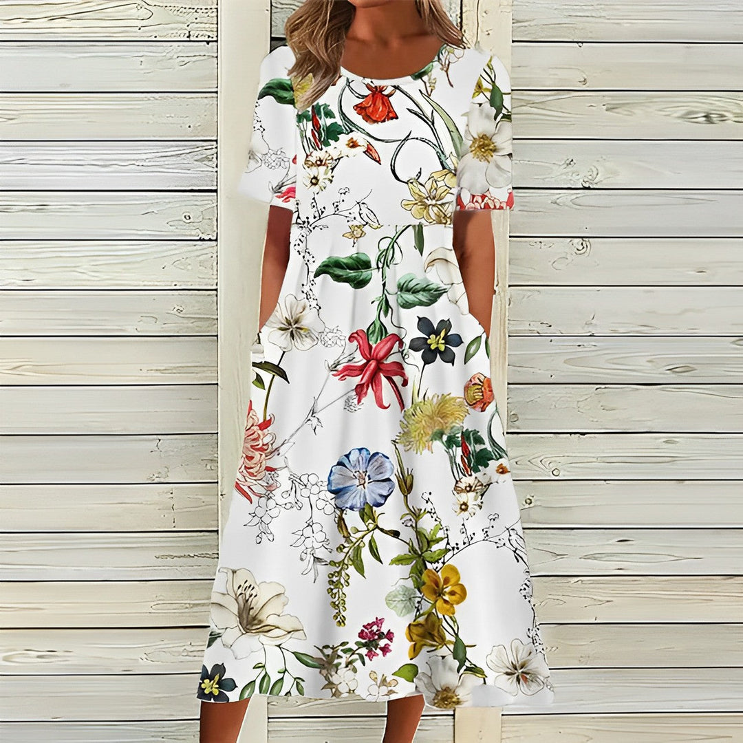 "Dames A-lijn midi jurk met bloemenprint en zakken, elegante stijl geschikt voor dagelijks en formeel gebruik."
