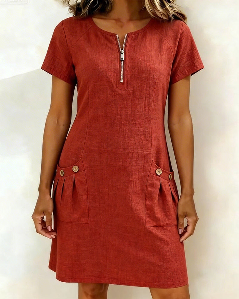 Dames A-lijn zomerjurk met rits en praktische zakken, ideaal voor een casual of elegante look.