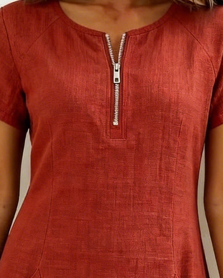 Casual damesjurk met stijlvolle rits en functionele zakken, perfect voor lente/zomer.