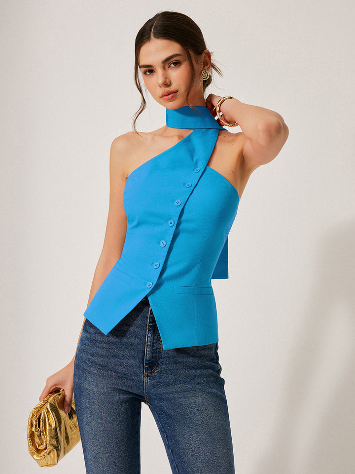 Asymmetrische dames halternek vesttop, mouwloos en trendy, ideaal voor een stijlvolle zomerlook.