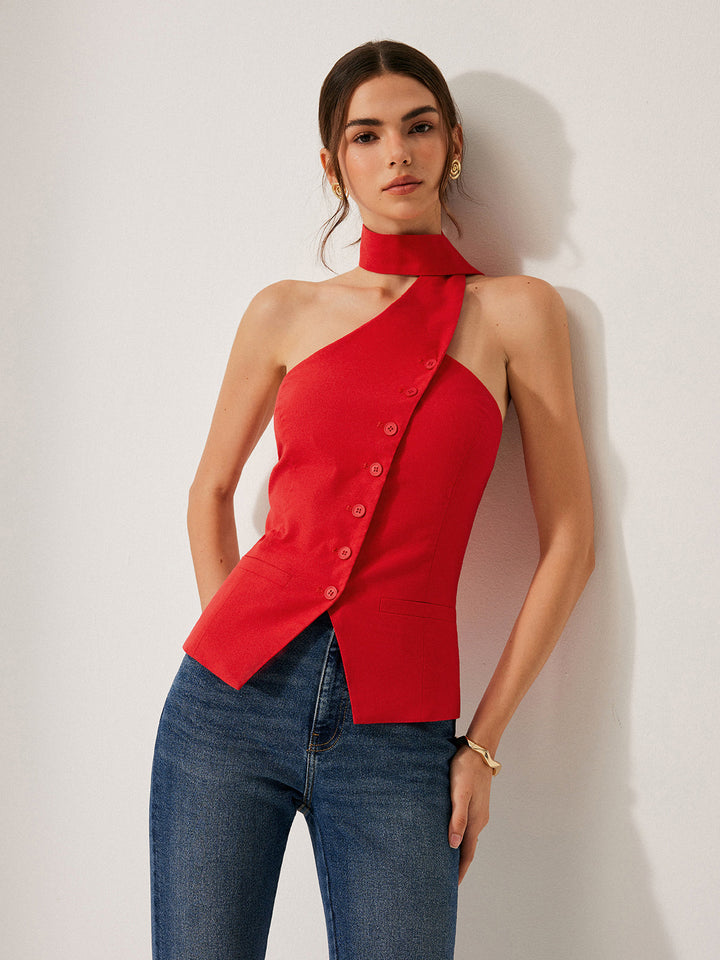 Elegante dames top, mouwloos en asymmetrisch met halternek, geschikt voor zowel casual als feest.