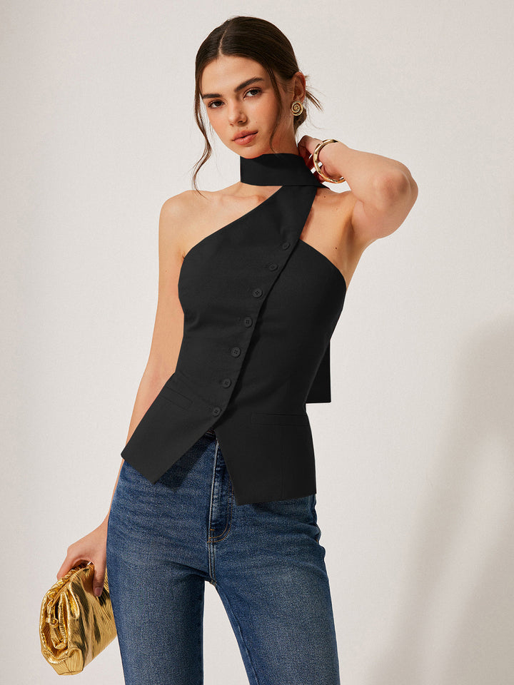 Feesttop voor dames: asymmetrische halternek vesttop met elegante uitstraling, perfect voor speciale gelegenheden.