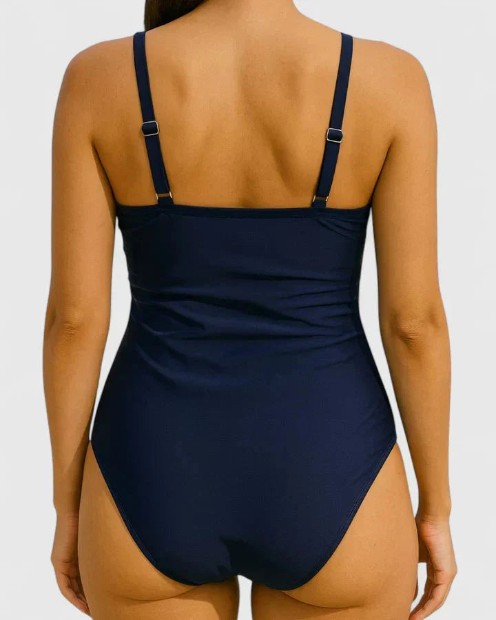 Comfortabel eenstuk damesbadpak, V-hals, wrap-top en ruches; perfecte zwemkleding voor de zomer.