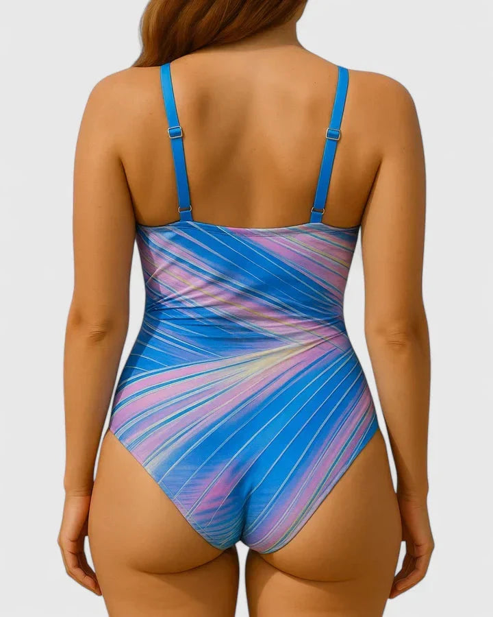 Een stuk damesbadpak met V-hals, moderne wrap-top, verstelbare koorden, ideaal voor zwemkleding collectie.