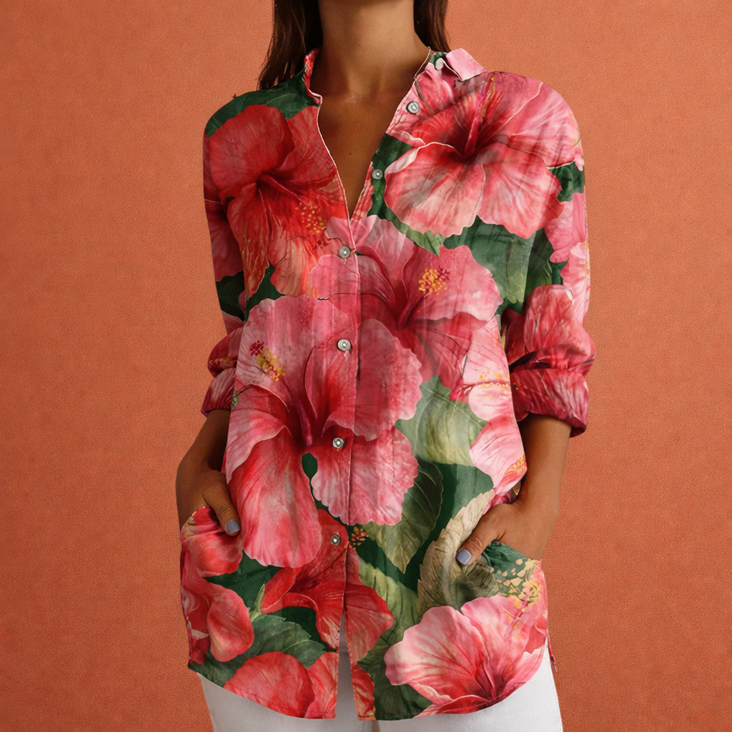 Dames bedrukte blouse met klassieke kraag en knoopsluiting, perfect voor lente en zomer.