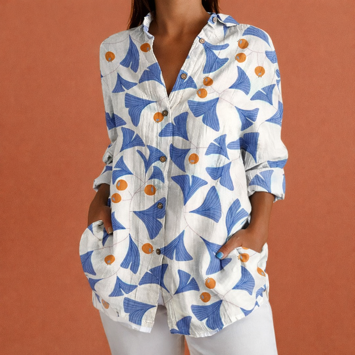 Stijlvolle herfst dames blouse met unieke print, klassieke kraag en knoopsluiting, perfect voor gelaagde looks.