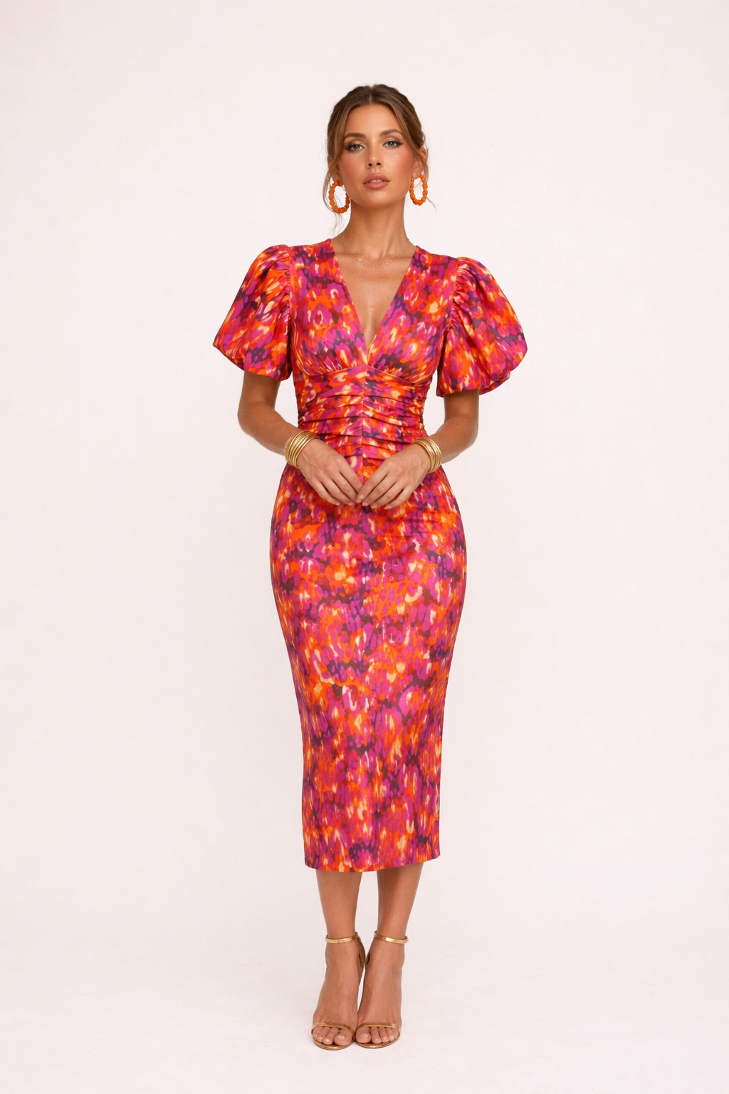 Zomerse bedrukte midi-jurk voor dames met unieke pofmouwen en verfijnde V-hals, een must-have lente item.