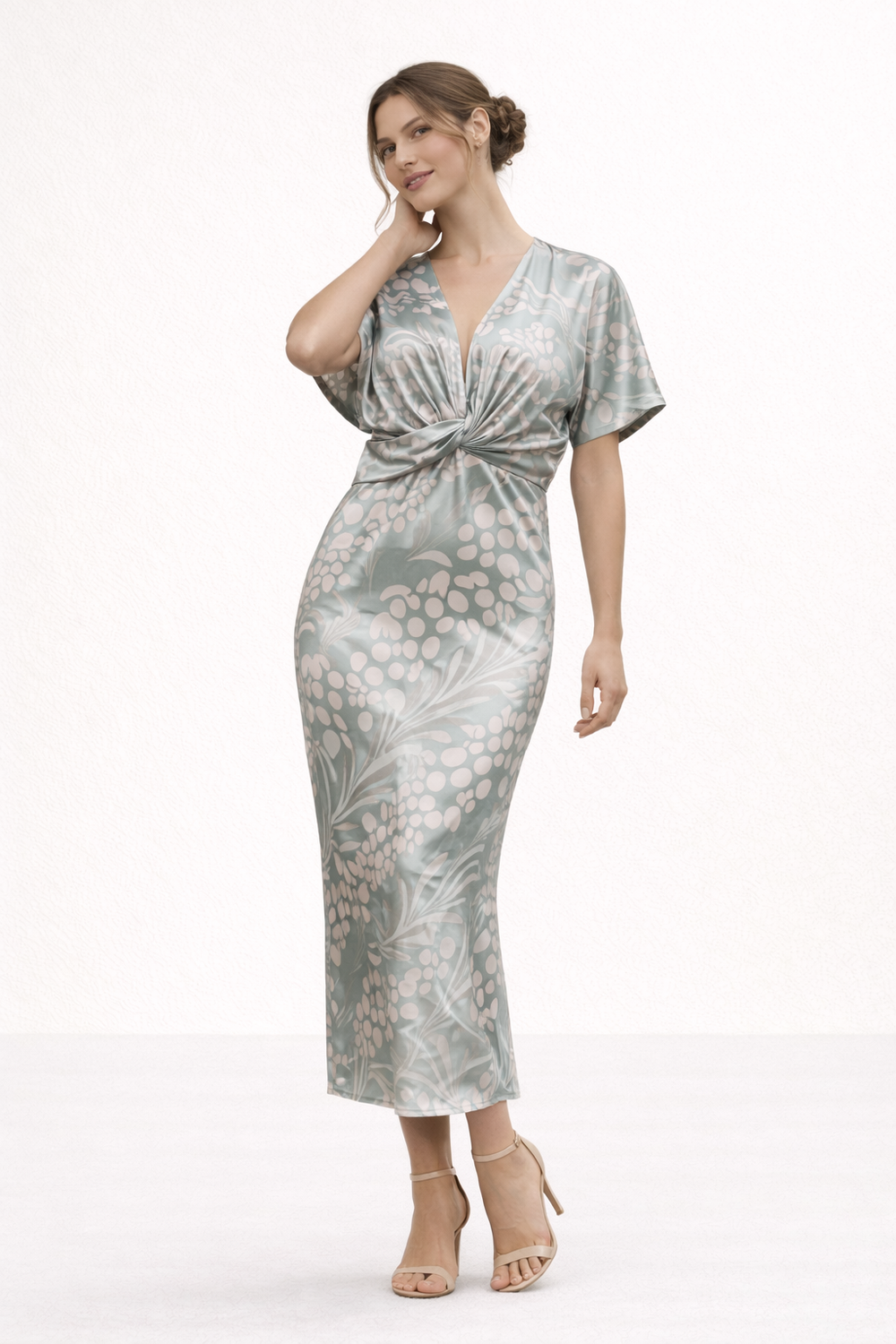 Elegante bedrukte dames midi-jurk met V-hals, comfortabel en modieus voor vakantie en vrije tijd.