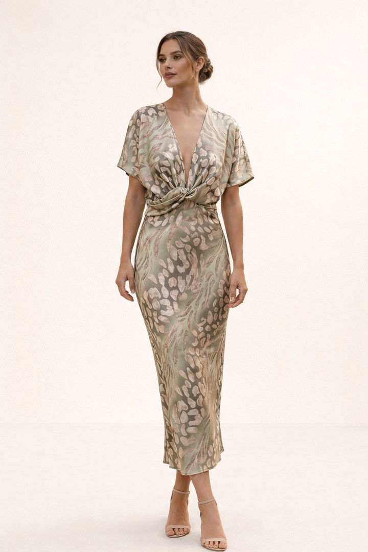 Trendy dames zomerjurk, bedrukt met een vrolijk patroon, V-hals en korte mouwen. Perfect voor casual chic.