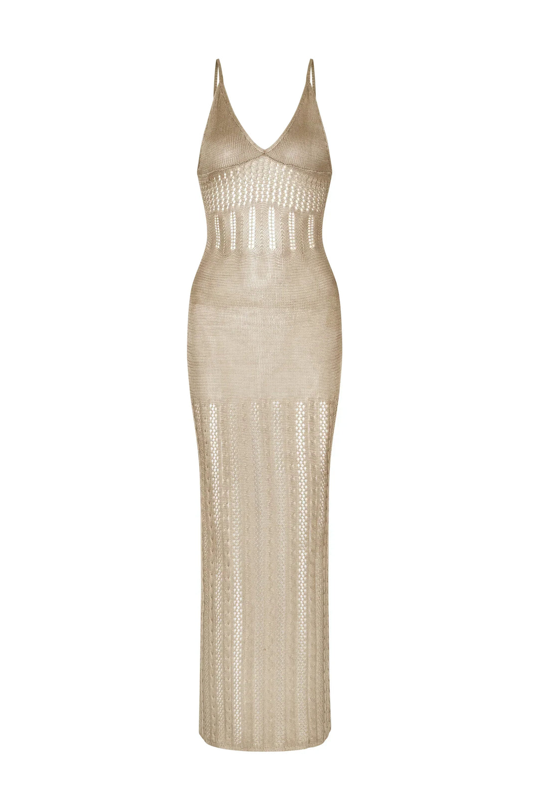 Trendy dames strandjurk met diepe open rug en hoge zijsplit, mouwloos in beige, perfect als cover-up.