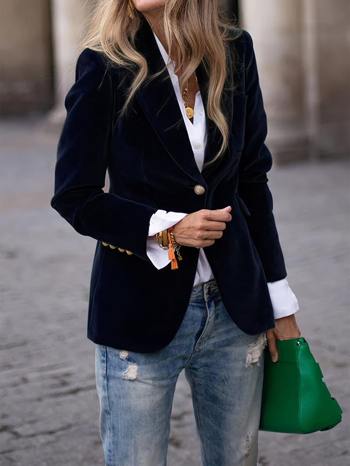 Formele dames blazer met gouden knopen, ideaal voor professionele zakelijke afspraken en veelzijdige outfits.