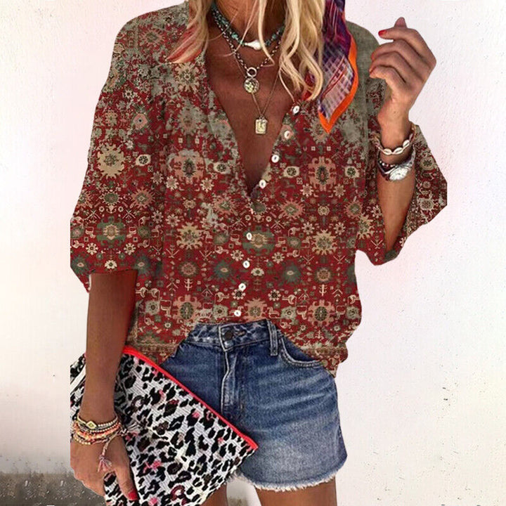 Casual chique dames blouse met bloemenprint, comfortabele halve mouwen en stijlvolle knoopsluiting.