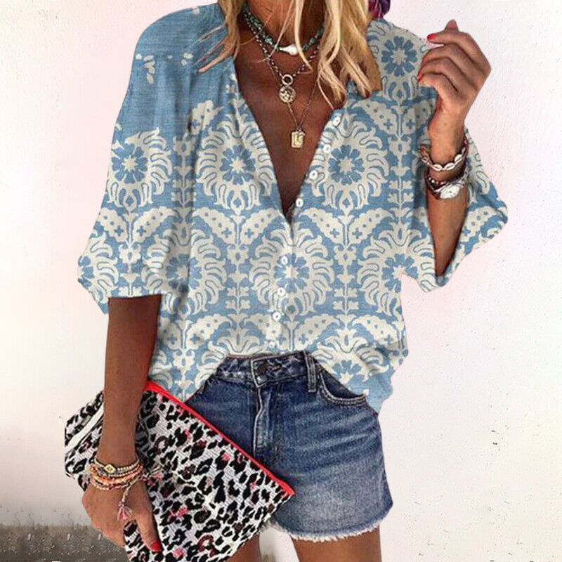 Zomerse dames bloemen blouse met halve mouwen en knoopsluiting, een elegante en modieuze top voor elke vrouw.