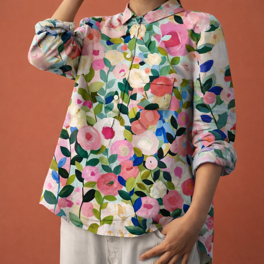 Dames blouse met elegante bloemenprint, lange mouwen en klassieke kraag, perfect voor elke gelegenheid.