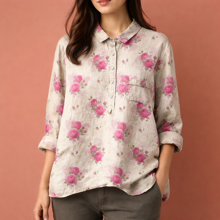 Veelzijdige dames blouse met bloemenprint, lange mouwen en kraag, combineerbaar voor diverse outfits.