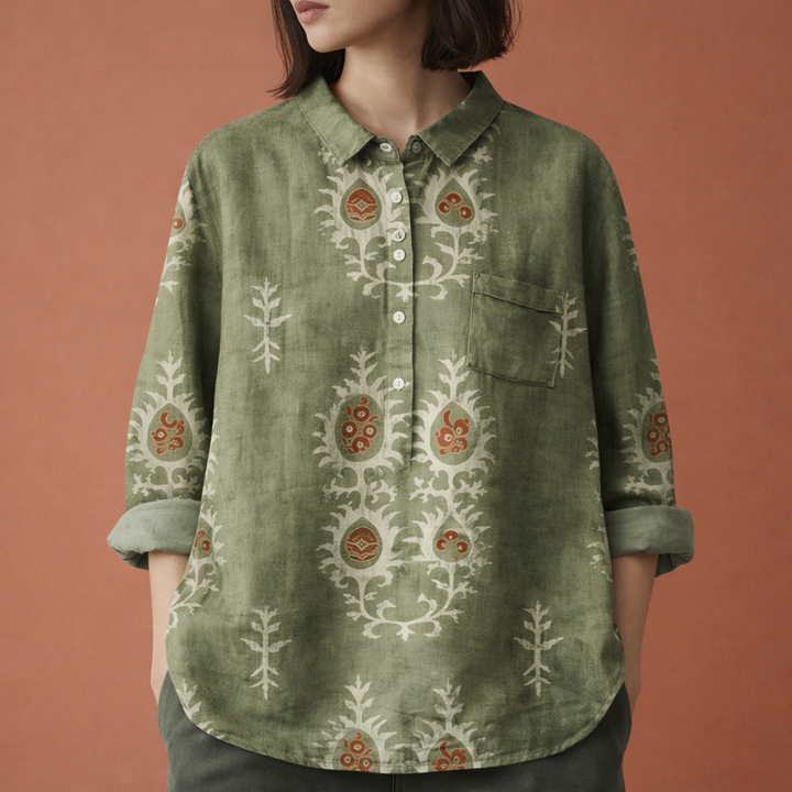 Dames bloemenprint blouse met lange mouwen en kraag, ook beschikbaar in grote maten, comfortabel en stijlvol.