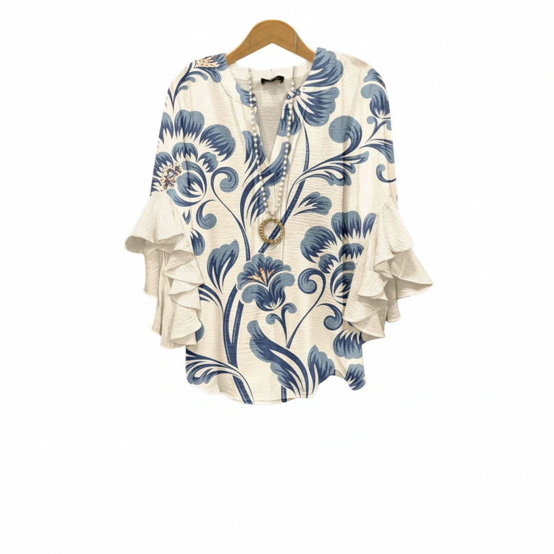 Dames blouse met V-hals en elegante volantmouwen, perfect voor een modieuze look.